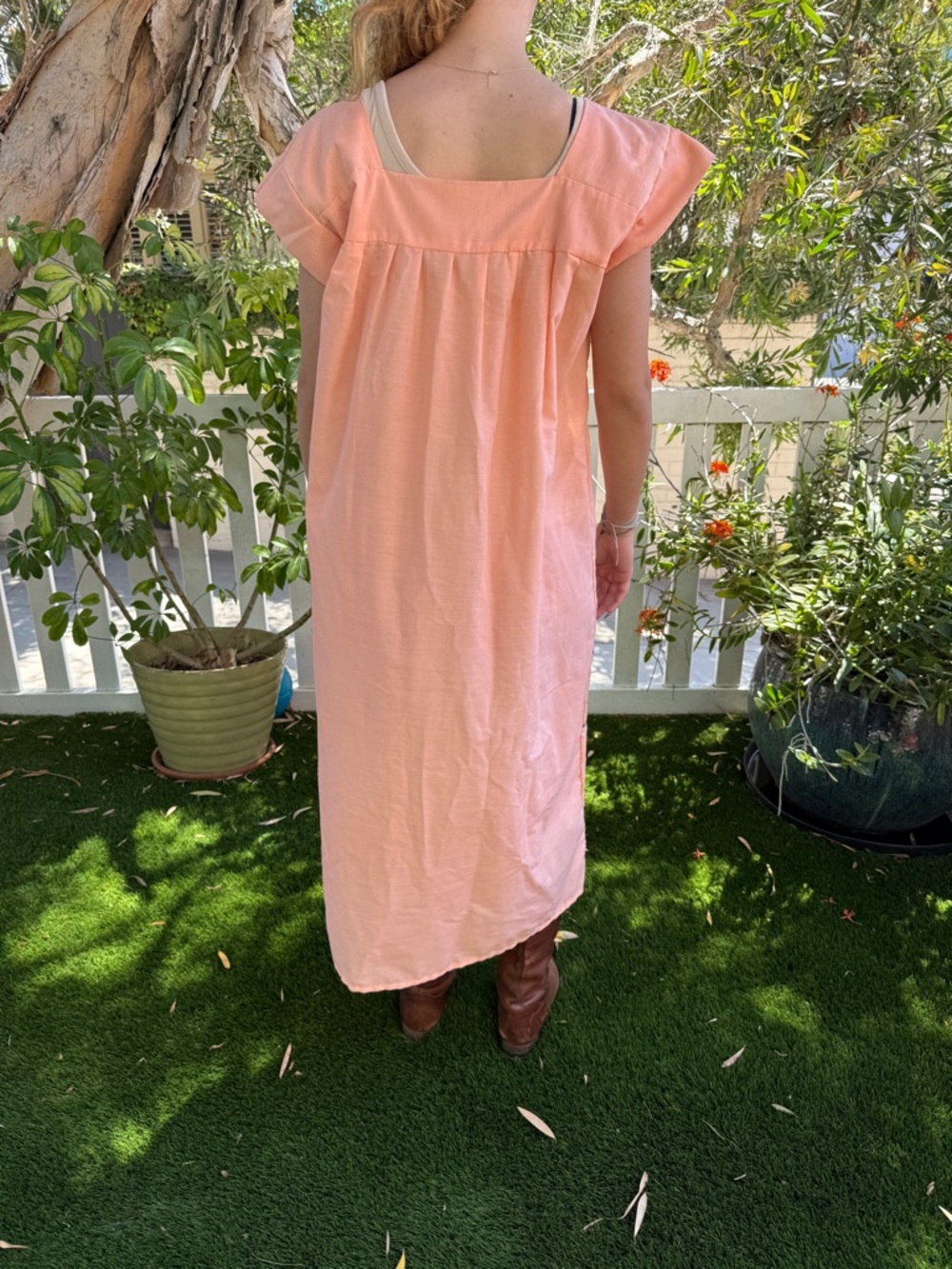 Peach Embroidered Cotton blend Mexican muumuu Midi Dress - Picture 4 of 9